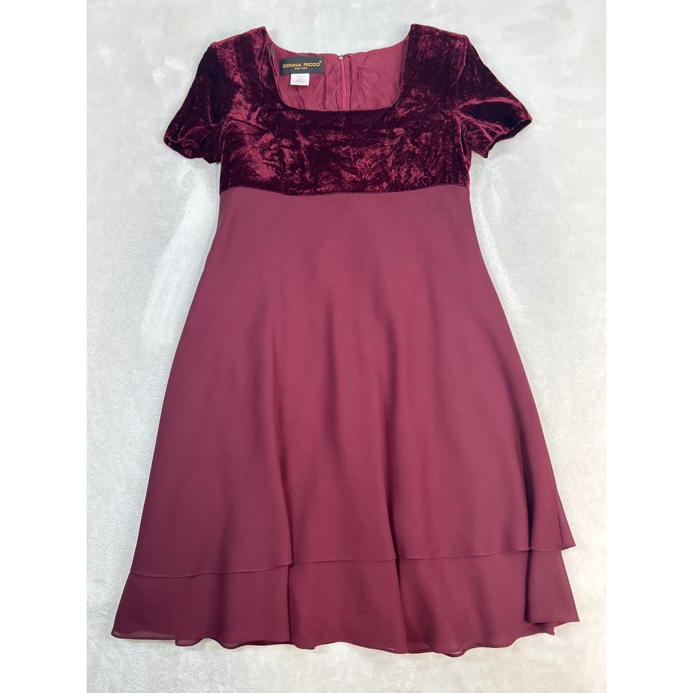 Vintage Donna Ricco Dress 8 Burgundy Velvet Chiffon Tiered SS Y2K Party Gothic